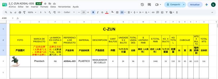 Packing list de una importación real
